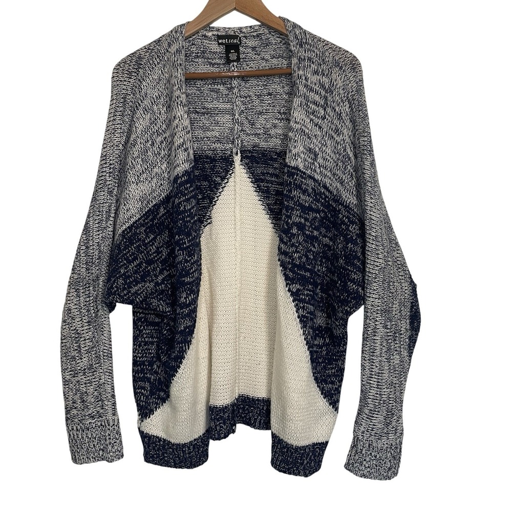 Wet‎ Seal Cardigan Sweater Open Front Blue Cream Knit M/L Cozy W/ Pockets